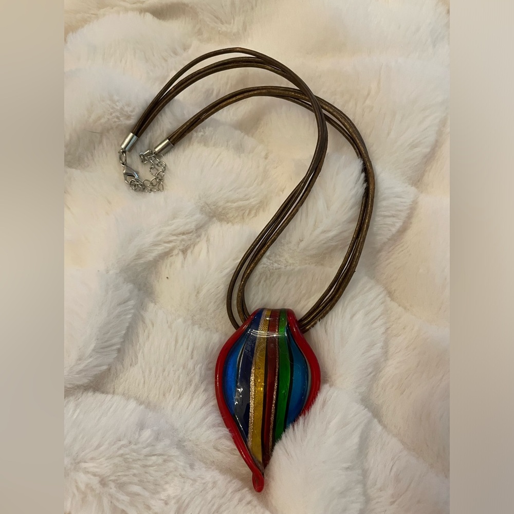Fused Glass Necklace on leather chain adjustable